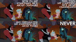 Size: 1986x1117 | Tagged: safe, edit, edited screencap, editor:quoterific, screencap, cozy glow, lord tirek, queen chrysalis, centaur, changeling, changeling queen, pegasus, pony, g4, the beginning of the end, female, filly, legion of doom, male, open mouth, tirek is not amused, trio, unamused