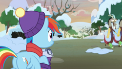 Size: 1280x720 | Tagged: safe, screencap, discord, rainbow dash, draconequus, pegasus, pony, best gift ever, g4, butt, clothes, duo, female, hat, holding hands, male, mare, plot, rainbutt dash, sad, scarf, self paradox, surprised, walking, winter hat, winter outfit