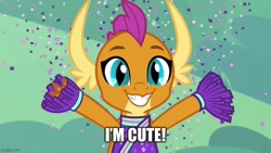 Size: 800x450 | Tagged: safe, edit, edited screencap, screencap, smolder, dragon, 2 4 6 greaaat, g4, captain obvious, caption, cheerful, cheerleader smolder, confetti, cute, cute little fangs, dragoness, fangs, female, grin, horns, i'm cute, image macro, imgflip, pom pom, slit pupils, smiling, smolderbetes, solo, teenaged dragon, teenager, text, truth, understatement