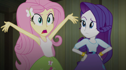 Size: 1280x714 | Tagged: safe, screencap, fluttershy, rarity, equestria girls, g4, my little pony equestria girls: rainbow rocks, armpits, arms in the air, clothes, sleeveless, tank top, upset