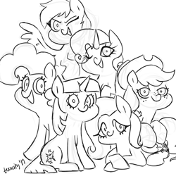 Size: 1024x1024 | Tagged: safe, artist:texacity, applejack, fluttershy, pinkie pie, rainbow dash, rarity, twilight sparkle, alicorn, earth pony, pegasus, pony, unicorn, g4, 2019, black and white, cowboy hat, female, grayscale, hat, looking at you, lying down, mane six, mare, monochrome, one eye closed, simple background, sketch, twilight sparkle (alicorn), unicorn twilight, white background, wink