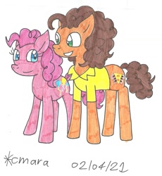 Size: 1202x1308 | Tagged: safe, artist:cmara, cheese sandwich, pinkie pie, earth pony, pony, g4, clothes, female, grin, looking at each other, male, mare, ship:cheesepie, shipping, shirt, simple background, smiling, stallion, straight, traditional art, white background
