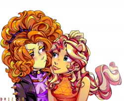 Size: 1545x1255 | Tagged: safe, artist:drizzledazzle, adagio dazzle, sunset shimmer, equestria girls, g4, :p, duo, female, lesbian, ponied up, ship:sunsagio, shipping, simple background, tongue out, white background