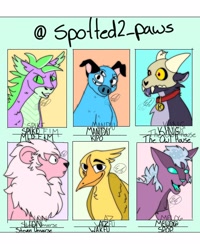 Size: 1000x1250 | Tagged: safe, artist:spotted2_paws, spike, spike the regular dog, big cat, bird, dog, lion, titan, equestria girls, g4, ambiguous gender, az, broken horn, bust, chest fluff, collar, crossover, female, horn, king clawthorne, kipo and the age of wonderbeasts, lion (steven universe), male, mandu, melog, pet tag, she-ra and the princesses of power, signature, six fanarts, skull, steven universe, the owl house, tongue out, wakfu