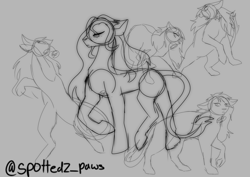 Size: 1414x1000 | Tagged: safe, artist:spotted2_paws, oc, oc only, earth pony, pony, earth pony oc, gray background, leonine tail, lineart, raised hoof, rearing, simple background, sketch, sketch dump