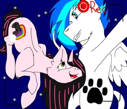 Size: 1163x998 | Tagged: safe, artist:spotted2_paws, oc, oc only, pegasus, pony, unicorn, camera shot, controller, duo, grin, horn, looking at each other, night, open mouth, outdoors, paw prints, pegasus oc, smiling, stars, unicorn oc, wings