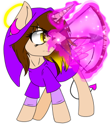 Size: 1300x1500 | Tagged: safe, alternate version, artist:juliet-gwolf18, oc, oc only, pony, unicorn, arrow, background removed, bow (weapon), clothes, cosplay, costume, devil horns, glowing horn, halo, hat, horn, link, magic, simple background, solo, telekinesis, the legend of zelda, transparent background, unicorn oc