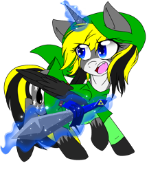 Size: 1300x1500 | Tagged: safe, alternate version, artist:juliet-gwolf18, oc, oc only, alicorn, pony, alicorn oc, background removed, clothes, cosplay, costume, eyelashes, female, glowing horn, green clothes, hat, hoof shoes, horn, link, magic, mare, open mouth, raised hoof, simple background, solo, sword, telekinesis, the legend of zelda, transparent background, weapon, wings