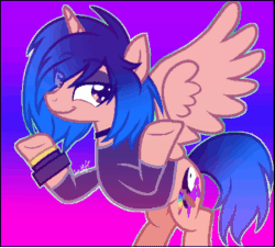 Size: 450x406 | Tagged: safe, artist:juliet-gwolf18, oc, oc only, oc:sketchy, alicorn, pony, animated, bisexual pride flag, clothes, female, gif, horn, makeup, mare, pansexual pride flag, pride, pride flag, shrug, smiling, smirk, solo, underhoof, wings, yin-yang