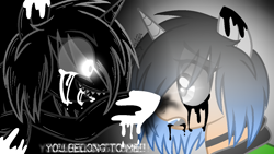 Size: 1280x720 | Tagged: safe, artist:juliet-gwolf18, oc, oc only, oc:sketchy, alicorn, goo, goo pony, original species, pony, alicorn oc, black sclera, black tears, bust, choker, clothes, corrupted, duo, female, glowing eyes, hoof shoes, horn, mare, open mouth, raised hoof, smiling, transformation