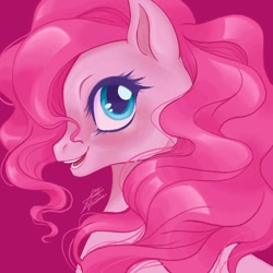 Size: 1080x1080 | Tagged: safe, artist:anabarana, pinkie pie, earth pony, pony, g4, bust, eyelashes, female, mare, open mouth, purple background, signature, simple background, smiling, solo
