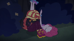 Size: 1136x640 | Tagged: safe, screencap, pinkie pie, sunset shimmer, equestria girls, equestria girls specials, g4, my little pony equestria girls: better together, my little pony equestria girls: sunset's backstage pass, clothes, head pat, night, pat, patting, slippers