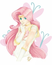 Size: 1080x1350 | Tagged: safe, artist:anabarana, fluttershy, human, g4, adorable face, adorasexy, alternate hairstyle, beautiful, blue eyes, breasts, bust, busty fluttershy, choker, cleavage, clothes, cute, cutie mark background, eyelashes, female, gloves, humanized, long gloves, pink hair, sailor kindness, sailor moon (series), sailor senshi, sailor uniform, sexy, shyabetes, signature, smiling, solo, traditional art, uniform, woman