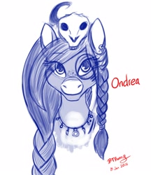 Size: 1862x2160 | Tagged: safe, artist:btbunny, oc, oc only, oc:ondrea, pegasus, pony, braid, bust, ear piercing, earring, female, jewelry, mare, medallion, monochrome, necklace, piercing, portrait, signature, simple background, skull, solo