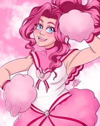 Size: 1080x1350 | Tagged: safe, artist:anabarana, pinkie pie, human, g4, abstract background, alternate hairstyle, armpits, blushing, bust, cheerleader, cheerleader outfit, choker, clothes, eyelashes, female, humanized, open mouth, pom pom, signature, skirt, smiling, solo