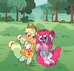 Size: 2000x1911 | Tagged: safe, artist:dipperclassic, applejack, pinkie pie, earth pony, pony, g4, cloud, coat markings, confetti, cute, diapinkes, duo, grass, heart mark, hooves, jackabetes, looking at someone, looking at something, lying down, outdoors, overcast, piebald coat, pointing, redesign, shiny hooves, sky, smiling, socks (coat markings), tree