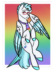 Size: 827x1063 | Tagged: safe, artist:lieutenantcactus, feather flatterfly, pegasus, pony, g4, colored hooves, glasses, male, necktie, rainbow background, solo, stallion