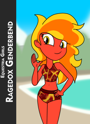 Size: 2338x3189 | Tagged: safe, artist:ragedox, oc, oc only, oc:ragedox, human, equestria girls, g4, beach, clothes, female, high res, humanized, old art, orange hair, red skin, rule 63, simple background, solo, underwear, wave, woman, yellow hair