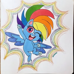 Size: 1080x1080 | Tagged: safe, artist:colleen.rose.art, rainbow dash, pegasus, pony, g4.5, my little pony: pony life, :d, cheering, eyelashes, female, mare, one eye closed, open mouth, solo, traditional art, two toned wings, unshorn fetlocks, volumetric mouth, wings, wink