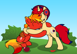 Size: 2975x2107 | Tagged: safe, artist:ragedox, oc, oc:ragedox, hybrid, kirin, pegasus, pony, unicorn, apple, fangs, female, food, friends, friendship, happy, headset, high res, hot pepper, hug, hugging a pony, male, mane of fire, mare, red mane, red skin, scales, simple background
