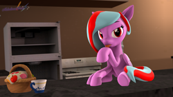 Size: 3840x2160 | Tagged: safe, artist:melodismol, oc, oc only, oc:star beats, cat, pegasus, pony, 3d, basket, cup, high res, kitchen, licking, looking at you, solo, source filmmaker, tongue out