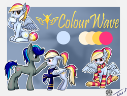 Size: 4200x3200 | Tagged: safe, alternate version, artist:colourwave, oc, oc only, oc:colourwave, pegasus, pony, unicorn, blushing, boop, clothes, collage, color scheme, cute, cutie mark, female, flight suit, floppy ears, frog (hoof), grin, high res, horn, mare, not rainbow dash, ocbetes, open mouth, pegasus oc, ponytail, reference sheet, scarf, signature, sitting, smiling, socks, spread wings, sticker, stockings, thigh highs, thinking, thonk, tongue out, underhoof, unicorn oc, uniform, wings