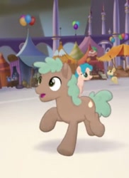 Size: 365x502 | Tagged: safe, screencap, mint bark, earth pony, pony, g4, my little pony: the movie, background pony, balloon, canterlot, clothes, cropped, male, running, scared, scarf, solo focus, stallion, unnamed character, unnamed pony