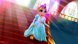 Size: 4200x2400 | Tagged: safe, artist:darksly, smolder, dragon, anthro, g4, clothes, crepuscular rays, dragoness, dress, female, grin, high res, jewelry, princess smolder, puffy sleeves, smiling, solo, stairs, tiara