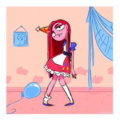 Size: 2476x2500 | Tagged: safe, artist:syrupyyy, pinkie pie, earth pony, pony, equestria girls, g4, alternate hairstyle, balloon, clothes, dress, female, flats, hat, high res, party hat, pinkamena diane pie, shoes, skirt, socks, solo, stockings, thigh highs