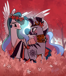Size: 1280x1454 | Tagged: safe, artist:jademoona, princess celestia, zecora, alicorn, pony, zebra, g4, blushing, butt, clothes, crack shipping, duo, female, floral head wreath, flower, lesbian, looking at each other, mare, plot, quadrupedal, see-through, ship:zelestia, shipping, spread wings, wings