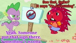 Size: 889x500 | Tagged: safe, edit, edited screencap, screencap, spike, dragon, porcupine, g4, crossed arms, duo, female, flaky, happy tree friends, male, pointing, scared, sign, text, wat