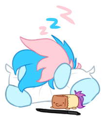 Size: 1024x1209 | Tagged: safe, artist:maren, artist:paperbagpony, oc, oc:blue chewings, oc:paper bag, collaboration, onomatopoeia, pillow, plushie, sleeping, sound effects, zzz