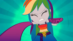 Size: 3410x1920 | Tagged: safe, screencap, rainbow dash, eqg summertime shorts, equestria girls, g4, raise this roof, armpits, belt, breasts, clothes, cutie mark, cutie mark on clothes, eyes closed, fall formal outfits, fingerless gloves, gloves, out of context, sleeveless, teeth