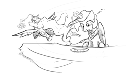 Size: 5000x3000 | Tagged: safe, artist:captainhoers, princess celestia, princess luna, alicorn, pony, g4, ..., black and white, cake, cake theft, cakelestia, duo, female, flying, food, fork, grayscale, levitation, looking back, magic, mare, monochrome, open mouth, role reversal, royal sisters, siblings, simple background, sisters, table, telekinesis, this will end in a trip to the moon, white background