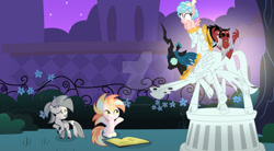 Size: 1024x564 | Tagged: safe, artist:velveagicsentryyt, cozy glow, lord tirek, queen chrysalis, oc, oc:cosmic, oc:dawnna, changeling, changeling queen, hybrid, pegasus, pony, unicorn, zebra, zony, g4, the ending of the end, bad idea, base used, book, colt, deviantart watermark, discussion in the comments, duckery in the comments, female, filly, legion of doom, legion of doom statue, magic, male, obtrusive watermark, offspring, parent:royal guard, parent:starlight glimmer, parent:sunburst, parent:zecora, parents:guardcora, parents:starburst, too dumb to live, watermark, xk-class end-of-the-world scenario