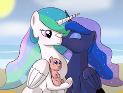 Size: 2048x1536 | Tagged: safe, artist:colorcodetheartist, princess celestia, princess luna, oc, oc:prince geo, alicorn, pony, g4, :p, baby, baby pony, beach, cheek kiss, cute, family, female, incest, kissing, lesbian, magical lesbian spawn, male, maternaluna, momlestia, mother and child, mother and son, offspring, parent:princess celestia, parent:princess luna, parents:princest, product of incest, ship:princest, shipping, tongue out