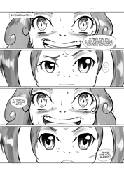 Size: 4961x7016 | Tagged: safe, artist:bakuhaku, pacific glow, pinkie pie, earth pony, anthro, comic:bun in the oven, comic:friendship is dirty, g4, awkward, awkward smile, comic, dialogue, grayscale, monochrome, nervous, panic, smiling, speech bubble