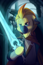 Size: 3265x4928 | Tagged: safe, artist:melodis, oc, oc only, oc:yaktan, earth pony, pony, absurd resolution, clothes, earth pony oc, magic the gathering, sword, weapon