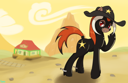 Size: 2550x1650 | Tagged: safe, artist:edgarkingmaker, oc, oc only, oc:taurina mechanicous, earth pony, pony, appleloosa, cowboy hat, earth pony oc, hat, high heels, horns, latex, looking at you, sheriff, shiny, shoes, solo, spurs, tail wrap