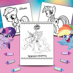 Size: 1080x1080 | Tagged: safe, applejack, princess celestia, rainbow dash, twilight sparkle, alicorn, earth pony, pegasus, pony, unicorn, g4, g4.5, my little pony: pony life, official, bringhomethefun, coloring page, crayon, female, filly, filly applejack, one eye closed, open mouth, stock vector, twilight sparkle (alicorn), unicorn twilight, wink, younger