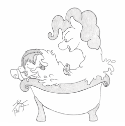 Size: 1502x1507 | Tagged: safe, artist:perpendicular white, pinkie pie, rainbow dash, goo, goo pony, original species, g4, absorption, bath, bathtub, claw foot bathtub, imminent vore, monochrome, pinkie slime, rubber duck, scared, sketch, this will end in cupcakes, traditional art