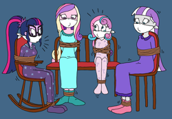 Size: 2528x1760 | Tagged: safe, artist:bugssonicx, dean cadance, princess cadance, princess flurry heart, sci-twi, twilight sparkle, twilight velvet, human, equestria girls, g4, angry, bondage, bound and gagged, cloth gag, clothes, crying, female, footed sleeper, footie pajamas, gag, help us, long dress, long skirt, nightgown, onesie, over the nose gag, pajamas, rocking chair, rope, rope bondage, skirt, socks, stocking feet, teary eyes, tied to chair, tied up