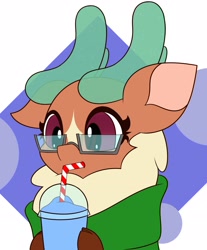 Size: 2576x3118 | Tagged: safe, artist:mrneo, cashmere (tfh), deer, reindeer, them's fightin' herds, clothes, community related, cute, doe, drink, drinking straw, female, glasses, high res, meganekko, scarf, slurpee, solo
