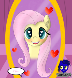 Size: 3840x4154 | Tagged: safe, artist:damlanil, fluttershy, pegasus, pony, g4, blushing, carousel boutique, comic, cute, female, happy, heart, heart eyes, looking at you, mare, mirror, open mouth, shyabetes, simple background, smiling, text, vector, wingding eyes, wings, yay