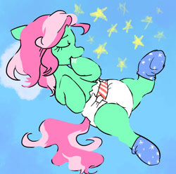 Size: 1280x1270 | Tagged: safe, artist:onc3l3rphobix, oc, oc only, earth pony, pony, adult foal, booties, clothes, cute, diaper, drool, eyes closed, hoof sucking, sleeping, socks, solo, stars