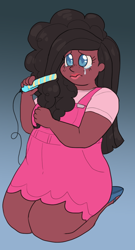 Size: 578x1068 | Tagged: safe, artist:greenarsonist, human, g4, chubby, clothes, crying, dark skin, dress, fat, humanized, kneeling, makeup, non-pony oc, nonbinary, sad, shirt, simple background, solo, straight hair, t-shirt