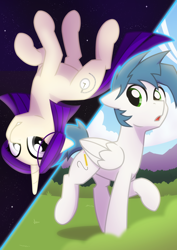 Size: 1980x2800 | Tagged: safe, artist:whitequartztheartist, oc, oc:nifty sway, oc:white quartz, pegasus, pony, unicorn, divided, forest, space, time travel