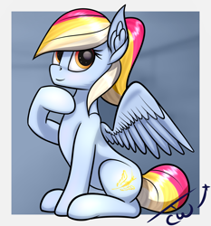 Size: 1300x1393 | Tagged: safe, alternate version, artist:colourwave, oc, oc only, oc:colourwave, pegasus, pony, cute, cutie mark, female, hmm, looking up, mare, not rainbow dash, ponytail, signature, sitting, smiling, solo, thinking, thonk