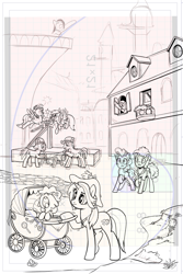 Size: 811x1215 | Tagged: safe, artist:pencils, idw, cheese sandwich, derpy hooves, pinkie pie, oc, oc:sky shatter, earth pony, pegasus, pony, unicorn, g4, season 10, spoiler:comic, spoiler:comic94, accident, balcony, building, comic, concerned, crying, eyes closed, female, fibonacci sequence, fibonacci spiral, flying, foal, golden ratio, grid, hammer, hat, jewelry, layout, log, male, mare, monochrome, mouth hold, open mouth, ouch, pacifier, pain, pain star, saw, ship:cheesepie, shipping, sketch, stallion, straight, stroller, textless, wings, wip, yelling