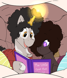 Size: 2637x3059 | Tagged: safe, artist:denzel, oc, oc only, oc:idle thoughts, oc:whitney, goat, pony, unicorn, afro, bed, chest fluff, high res, magic, pillow, pillow fort, reading